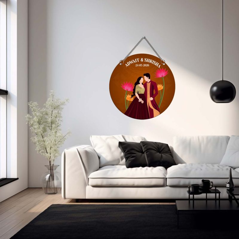 Personalized Couple Wedding Theme Wall Hanging Decoration Couple Portrait with Lotus Flowers Design Wedding, Anniversary, or Engagement Gift for Husband, Wife, & Couples